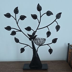 Black Metal Tree Sculpture with Bird
